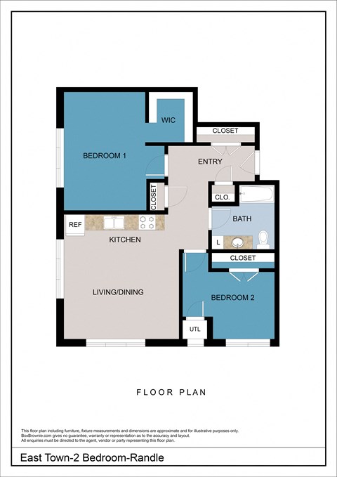 Floor plan for 2 beds, 1 bath, 1025 sqft